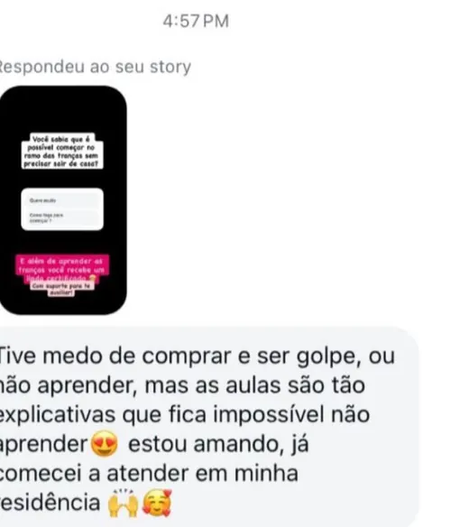 Mensagem de aluna elogiando as aulas do curso